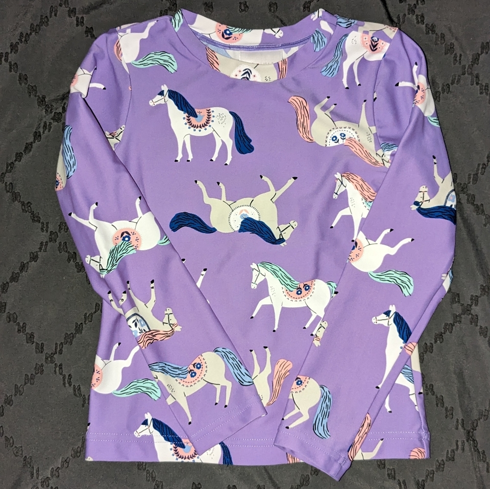Hanna Andersson Long Sleeve Rash Guard Lavender w/Various White Horses Size 6-7.